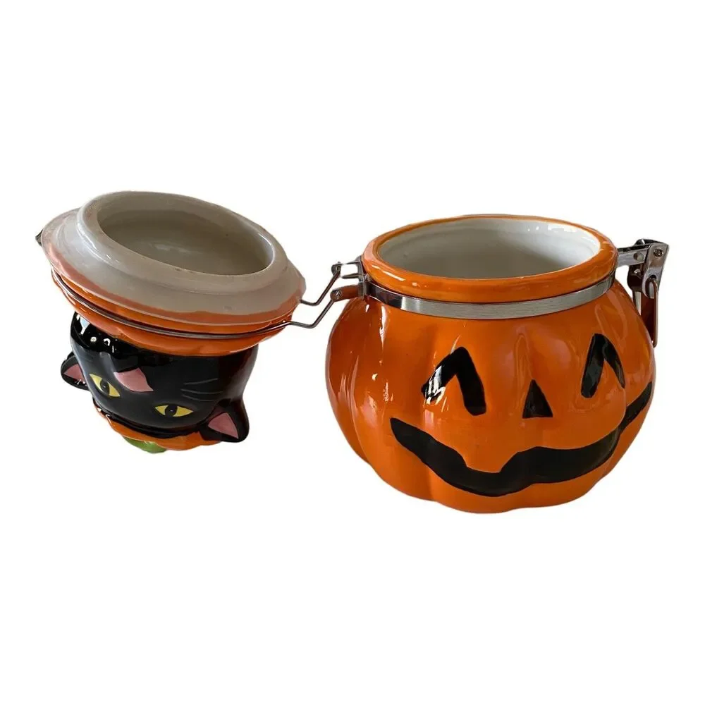 Ceramic Halloween Full Moon Black Cat in Jack o Lantern Pumpkin Treat Jar